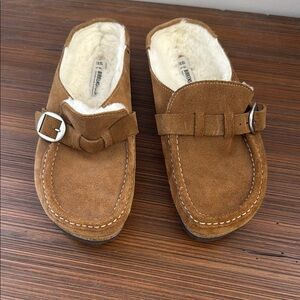 Birkenstock Brown Suede Clogs with Buckle